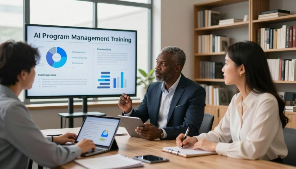 A modern, well-lit office setting showcasing a diverse group of four professionals engaged in a collaborative meeting on AI program management training and certifications. In the foreground, a middle-aged Black man in a sharp suit is presenting ideas on a digital tablet, while a young Asian woman, dressed in a smart blouse and slacks, takes notes. The middle ground features a large screen displaying infographics and key points regarding training criteria. The background includes bookshelves filled with books on technology and management, highlighted by warm, natural lighting filtering through large windows, creating an atmosphere of innovation and teamwork. The scene is captured at a dynamic angle that emphasizes engagement and professionalism.