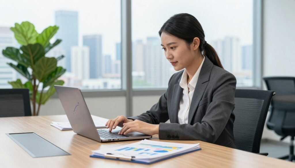 A professional business analyst, dressed in a sharp business suit, sits at a modern conference table with a laptop open in front of them. The laptop screen displays colorful graphs and charts symbolizing improving profit margins. In the foreground, a stack of financial reports highlights upward-trending sales figures. The middle ground features a well-lit office environment with large windows showcasing a city skyline in the background, creating a sense of success and growth. Large artificial plants add a touch of greenery to the scene. Soft, natural lighting filters through to create an optimistic and dynamic atmosphere, suggesting innovation and forward-thinking in business strategy. The image should convey a mood of professionalism and proactive business development.