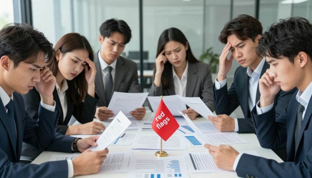 A professional business setting illustrating "red flags" in investing. In the foreground, a diverse group of business professionals in smart attire, examining documents with visible signs of distress or concern, like furrowed brows and pointed fingers. In the middle, a large table covered with contracts, financial statements, and a red flag sticking out prominently from a pile. The background features a modern office with glass walls, allowing soft natural light to illuminate the scene, casting gentle shadows. The overall atmosphere is tense yet focused, suggesting the importance of vigilance while making investment decisions. The camera angle is slightly above eye-level, capturing the interaction and engagement of the professionals as they analyze the potential risks in a company.
