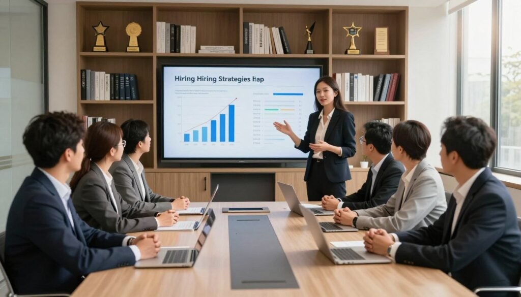 A professional meeting room setting, illuminated by soft natural light streaming through large windows, creating a warm and inviting atmosphere. In the foreground, a diverse group of executives, all in smart business attire, are engaged in a collaborative discussion around a sleek, modern conference table. One executive, a woman, is gesturing while presenting insights on talent culture. In the middle ground, a large digital screen displays graphs and charts illustrating hiring strategies. The background features a stylish bookcase filled with industry-related books and awards, symbolizing knowledge and success. The overall mood is dynamic and inspiring, emphasizing collaboration, innovation, and leadership in the realm of talent management. The image captures the essence of hiring and cultural alignment within organizations.