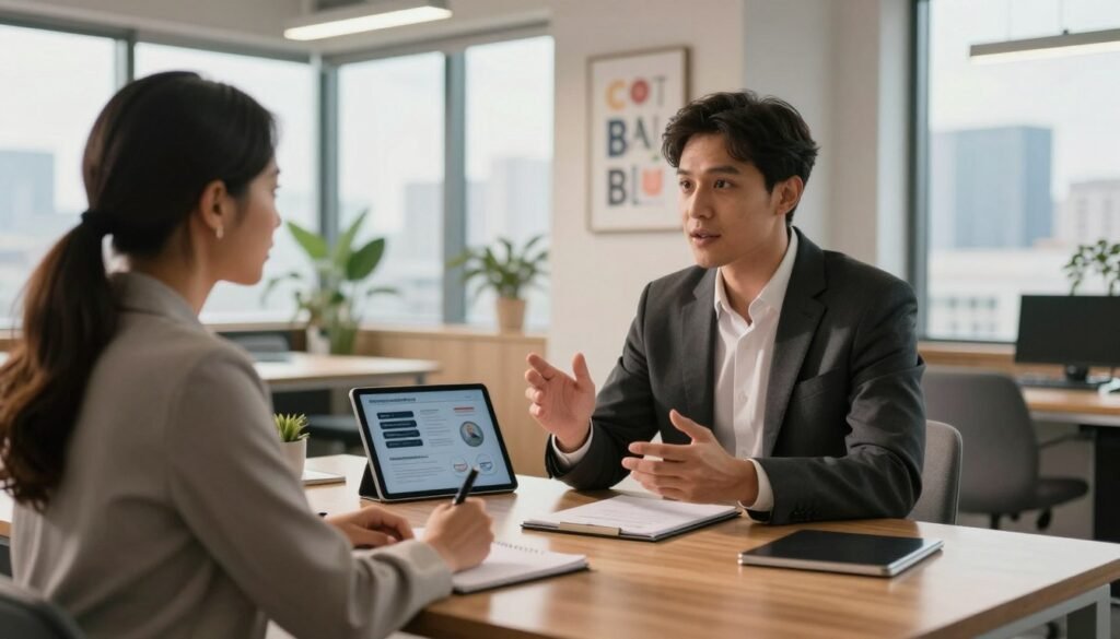 A professional personal branding expert meeting with a client in a modern office space. In the foreground, a diverse woman dressed in smart business attire sits at a sleek wooden desk, engaged in conversation while taking notes. The middle ground features the expert, a well-dressed man exuding confidence, gesturing to a digital tablet displaying personal branding elements. In the background, large windows illuminate the room with warm, natural light, showcasing a city skyline, plants, and motivational artwork on the walls. The atmosphere is collaborative and inspiring, evoking a sense of growth and professionalism. Use a soft focus with a shallow depth of field to emphasize the connection between the two individuals while maintaining clarity in the background elements.
