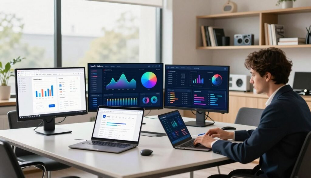 A sleek and modern workspace showcasing various lead intelligence tools, arranged on a stylish conference table in the foreground. In the center, vibrant screens display colorful graphs and data visualizations, indicating key metrics and analytics. To the right, a professional businessperson in smart attire, analyzing the tools intently with a laptop open, adds a human touch. The middle ground features a large window with natural light streaming in, creating a warm atmosphere. In the background, shelves filled with books and tech gadgets convey a sense of innovation and knowledge. The lighting is bright and inviting, enhancing the sense of motivation and focus, perfectly capturing the essence of "best-fit platforms" for lead intelligence.