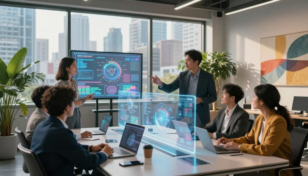 A vibrant and dynamic scene depicting a modern, high-tech business environment focused on innovation and technology. In the foreground, a diverse group of business professionals, dressed in smart casual attire, engage in a lively brainstorming session around a sleek, futuristic conference table, gesturing towards holographic displays showing data analytics and tech concepts. In the middle, large glass windows reveal a city skyline filled with skyscrapers and digital billboards, symbolizing growth and progress. The background features lush indoor plants and abstract art, creating a sense of creativity and inspiration. Soft, natural lighting filters through the windows, casting a warm glow, while high-tech gadgets and devices are scattered around, emphasizing the theme of innovation. The overall atmosphere is energetic and collaborative, illustrating the power of technology in driving business success.