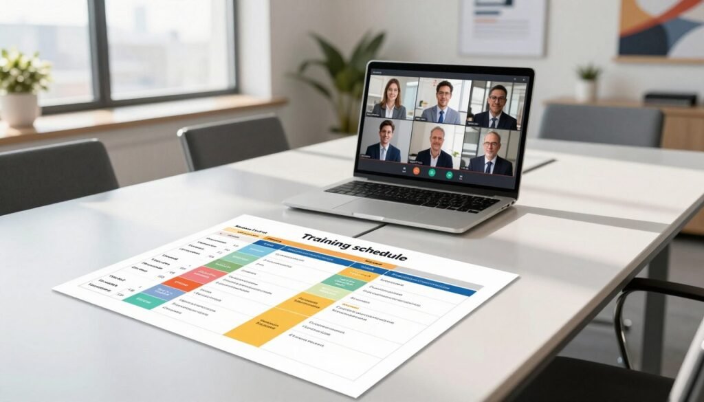 A visually appealing training schedule displayed on a sleek, modern conference table in an office environment. In the foreground, the schedule is designed with clean lines and vibrant colors, featuring time slots and various training formats, such as workshops and webinars. In the middle, an open laptop with a meeting software interface shows engaged participants in professional attire, signaling connectivity and productivity. The background features a light-filled office space with large windows, minimalistic decor, and motivational posters subtly enhancing the professional atmosphere. Soft, natural lighting casts gentle shadows, creating a welcoming and focused mood, ideal for busy professionals seeking personal development. The angle is slightly overhead, capturing the dynamic layout of the schedule and the collaborative essence of the workspace.