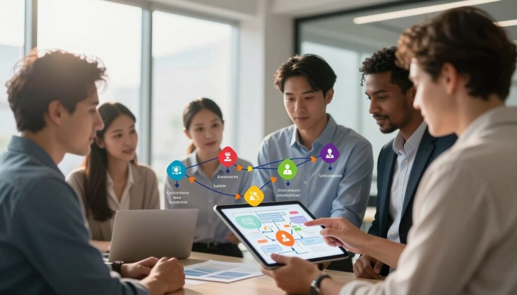A visually engaging illustration representing a customer journey map. In the foreground, a diverse group of professional individuals—two men and one woman—are gathered around a digital tablet, discussing a colorful, detailed flowchart that highlights various customer touchpoints. In the middle, the flowchart features icons representing different stages of the customer journey, such as awareness, consideration, decision, and loyalty, interconnected with arrows indicating the flow. The background displays a modern office environment with large windows letting in soft, natural light, casting a warm glow on the scene. The mood is collaborative and focused, emphasizing teamwork and the importance of identifying bottlenecks in the customer experience. The lens captures the scene with a slight depth of field, keeping the focus on the participants and the flowchart. A visually engaging illustration representing a customer journey map. In the foreground, a diverse group of professional individuals—two men and one woman—are gathered around a digital tablet, discussing a colorful, detailed flowchart that highlights various customer touchpoints. In the middle, the flowchart features icons representing different stages of the customer journey, such as awareness, consideration, decision, and loyalty, interconnected with arrows indicating the flow. The background displays a modern office environment with large windows letting in soft, natural light, casting a warm glow on the scene. The mood is collaborative and focused, emphasizing teamwork and the importance of identifying bottlenecks in the customer experience. The lens captures the scene with a slight depth of field, keeping the focus on the participants and the flowchart.