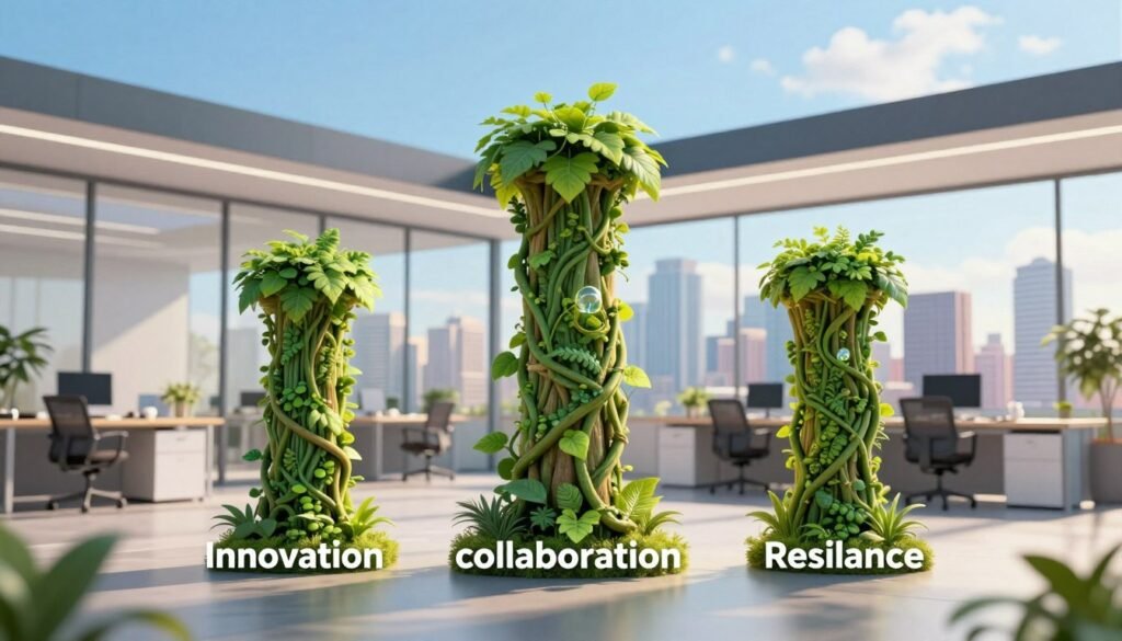 A visually striking composition depicting "growth pillars" in an organizational context. In the foreground, three sturdy pillars symbolize fundamental growth concepts – innovation, collaboration, and resilience. Each pillar is intricately designed with ascending vines and leaves, representing flourishing ideas. In the middle, a modern office environment serves as the backdrop, featuring glass walls and sleek furniture that convey a sense of professionalism. The background showcases a vibrant city skyline under a clear blue sky, signifying opportunity and expansion. Soft, warm lighting illuminates the scene, creating an inviting atmosphere. The overall mood is one of motivation and ambition, inspiring viewers to envision potential growth in their organizations. The image excludes any text or annotations for a clean, impactful visual.