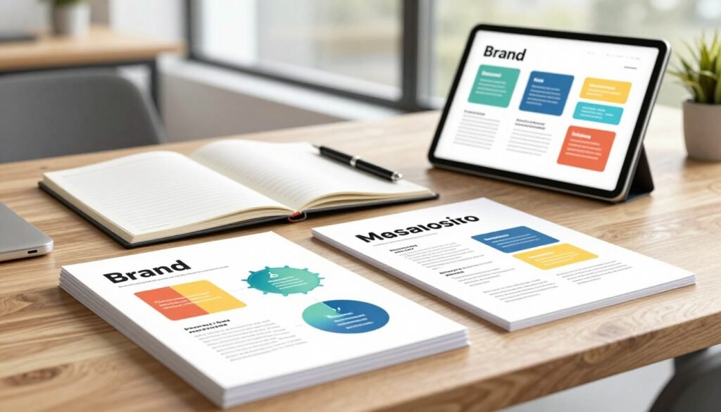 A well-organized and visually appealing brand messaging guide layout on a wooden desk. In the foreground, there are neatly stacked papers featuring bold headers and colorful diagrams representing different brand elements. In the middle, an open notebook with a pen rests beside a tablet displaying brand graphics, showcasing clarity and professionalism. The background features a softly blurred modern office setting with a large window allowing natural light to create a bright, inviting atmosphere. The lighting should be warm and soft, enhancing the sense of productivity and inspiration. The overall mood is focused and creative, perfect for strategizing and collaborative discussions.