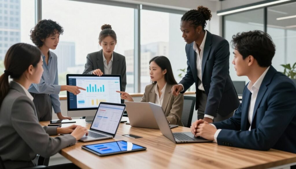 In a modern office setting, a sleek wooden desk is prominently featured in the foreground, covered with various digital lead generation tools like tablets, laptops, and mobile devices displaying graphs and analytics. In the middle, a diverse group of professionals in smart business attire, including women and men of different ethnic backgrounds, are actively discussing strategies, pointing at screens filled with data. The background reveals a large window with natural light flooding the room, showcasing a city skyline. The overall atmosphere is focused and dynamic, emphasizing collaboration and innovation in AI-driven lead generation. The lighting is bright yet warm, enhancing a professional yet inviting environment.