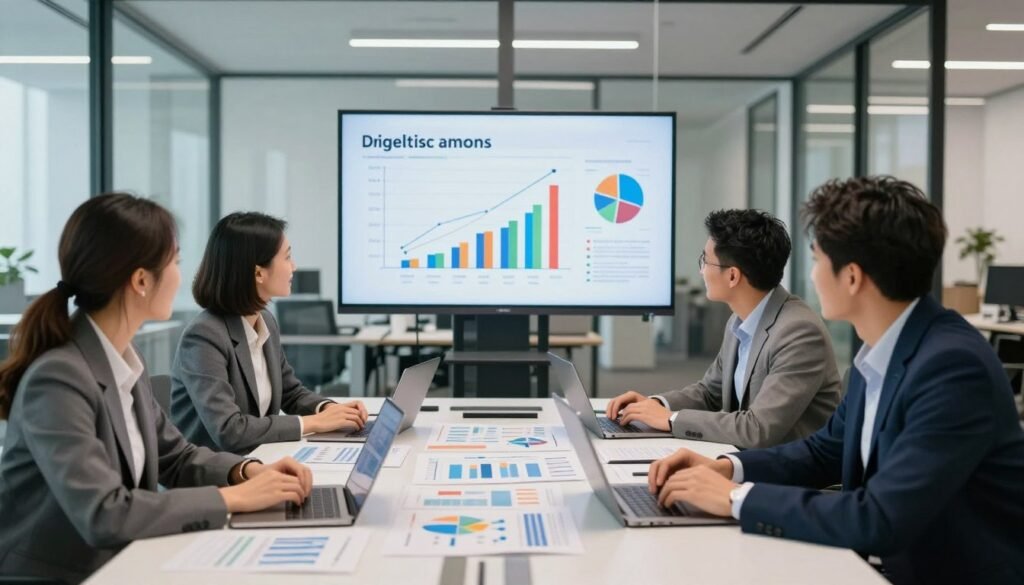 A collaborative meeting space depicting a diverse group of professionals engaged in a long-range planning process. In the foreground, a diverse team of four individuals, dressed in smart business attire, is gathered around a large table filled with charts and digital devices. The middle ground features a large screen displaying strategic goals and timelines, with colorful infographics that represent growth and collaborative efforts. The background reveals a modern office environment with glass walls, allowing natural light to flood the room, creating an atmosphere of openness and innovation. The lighting is bright yet soft, enhancing the focus on teamwork and strategic discussion. The overall mood is optimistic and forward-thinking, reflecting the essence of long-term organizational growth and collaboration. A collaborative meeting space depicting a diverse group of professionals engaged in a long-range planning process. In the foreground, a diverse team of four individuals, dressed in smart business attire, is gathered around a large table filled with charts and digital devices. The middle ground features a large screen displaying strategic goals and timelines, with colorful infographics that represent growth and collaborative efforts. The background reveals a modern office environment with glass walls, allowing natural light to flood the room, creating an atmosphere of openness and innovation. The lighting is bright yet soft, enhancing the focus on teamwork and strategic discussion. The overall mood is optimistic and forward-thinking, reflecting the essence of long-term organizational growth and collaboration.