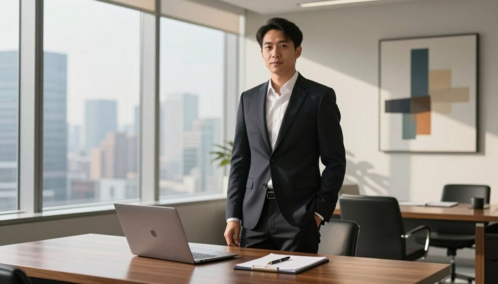 A confident executive standing in a sleek, modern office environment, dressed in a tailored dark suit and a crisp white shirt, conveying professionalism. In the foreground, a polished wooden desk is adorned with a few essential items: a stylish laptop, a notepad, and a sophisticated pen. The middle of the image features the executive, framed by large windows that offer a panoramic view of a bustling cityscape, symbolizing ambition and growth. Soft, natural light streams in, casting gentle shadows and creating a warm, inviting atmosphere. In the background, abstract artwork hangs on the walls, reflecting creativity and vision. The mood is assertive yet approachable, capturing the essence of a powerful executive personal brand.
