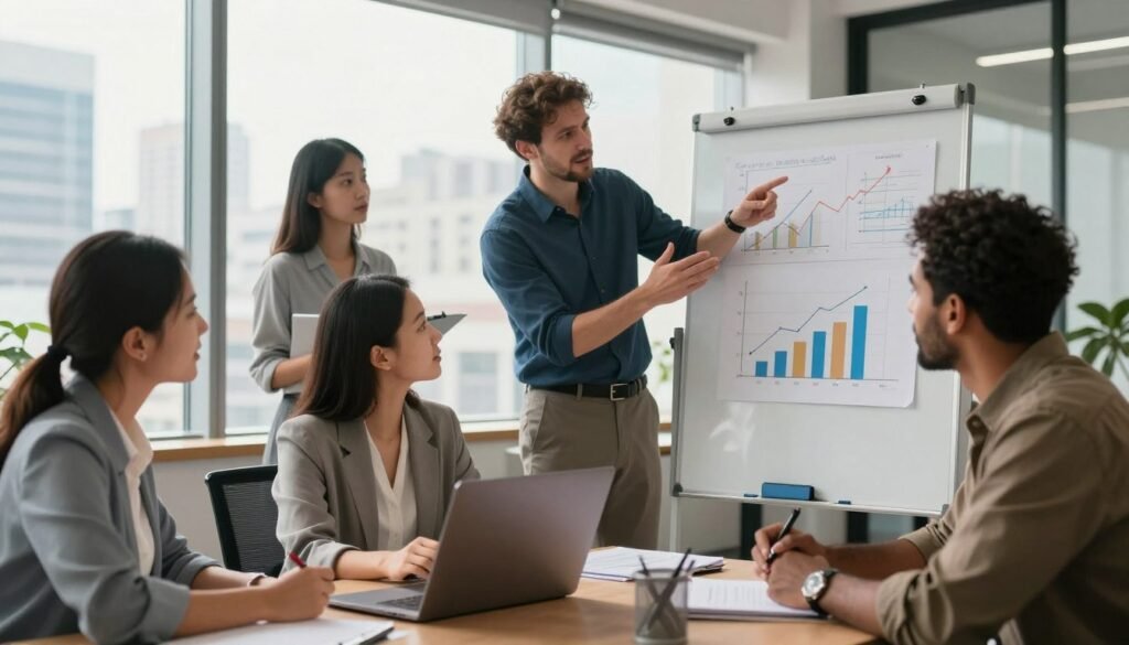 A diverse group of five professionals in a modern office environment, showcasing teamwork and collaboration. In the foreground, a woman of Asian descent and a man of African descent strategize over a laptop, while a Hispanic woman in business attire takes notes. In the middle, a Caucasian man gestures enthusiastically, presenting ideas on a whiteboard, with graphs and charts illustrating growth strategies. In the background, through large windows, a cityscape can be seen, symbolizing expansion and opportunity. Soft, natural lighting filters in, creating a warm, inviting atmosphere. The composition should be dynamic and inspiring, capturing the essence of team growth and success in the service industry, shot from a slightly elevated angle to encompass the entire scene.