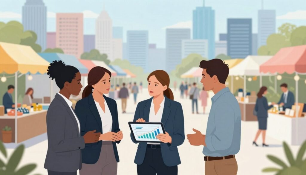 A dynamic and visually engaging illustration representing a market development strategy. In the foreground, a diverse group of three professionals in smart business attire, engaged in an animated discussion around a large digital tablet displaying graphs and charts. In the middle ground, visuals of a bustling market with various booths showcasing products from different industries, symbolizing expansion into new markets. The background contains a vibrant skyline, signifying growth and opportunities. Soft, natural lighting that reflects a bright and optimistic mood, with a slight depth of field to emphasize the professionals. The composition captures the theme of benefits in revenue and resilience through collaboration and innovation.