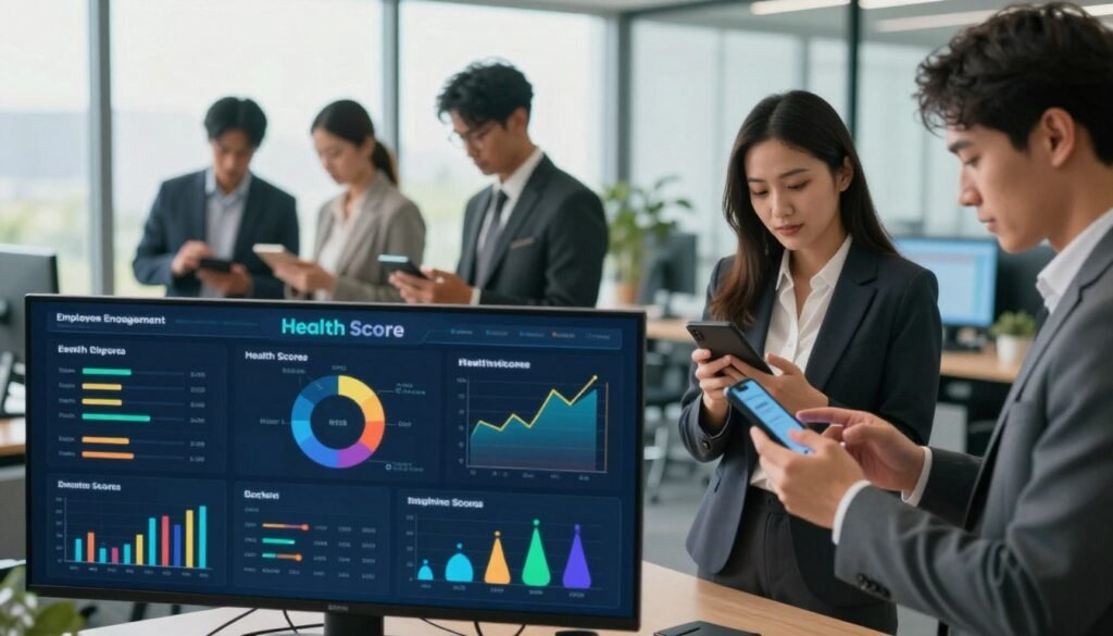 A dynamic and visually engaging representation of health scores in a professional business context. In the foreground, a digital dashboard displays vibrant graphs and charts representing employee engagement metrics, health scores, and sentiment analysis. The middle layer features diverse professionals in business attire, intently analyzing the data on portable devices, showcasing a collaborative atmosphere. In the background, an office setting with large windows lets in soft, natural light, creating an inviting and motivational atmosphere. Use a wide-angle lens to capture the depth of the scene while keeping the focus sharp on the foreground data display, emphasizing innovation and proactive support strategies. The overall mood should be optimistic and forward-thinking, conveying a sense of urgency about employee retention.