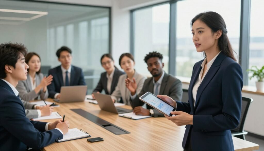 A dynamic business meeting scene depicting a diverse group of professionals engaged in strategic planning around a large conference table. The foreground features a confident woman in a tailored navy suit passionately presenting a business strategy using a digital tablet. In the middle ground, other team members, dressed in professional business attire, actively participate, showing engagement through gestures and notepads. The background showcases a sleek modern office with large windows letting in natural light, creating a bright and open atmosphere. The mood is collaborative and focused, symbolizing innovation and strategic thinking. Use a warm color palette with clear, crisp focus to enhance the sense of teamwork and professionalism, with a slight depth of field for artistic effect.
