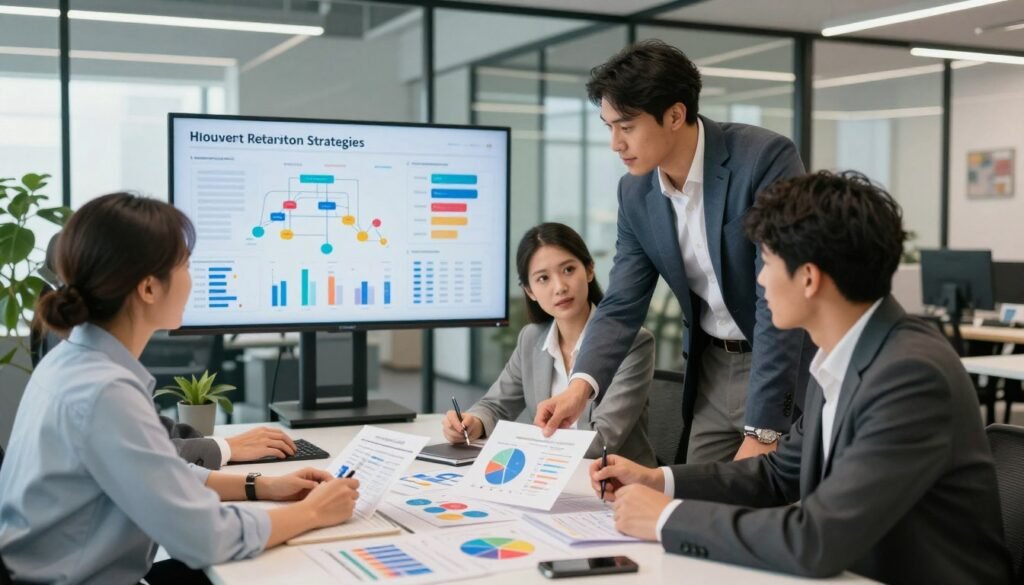 A dynamic office environment showcasing retention strategies in action. In the foreground, a diverse group of four professionals in business attire engage in a collaborative meeting, examining colorful charts and graphs on a sleek table. In the middle ground, a large digital display shows analytics and workflows designed to enhance employee engagement and satisfaction. The background features a modern office space with glass walls, plants, and natural light pouring in, creating an atmosphere of productivity and positivity. The lighting is bright yet warm, suggesting innovation and teamwork. Capture a sense of determination and focus as these individuals brainstorm effective solutions to reduce turnover, emphasizing a harmonious work culture where ideas come to life.