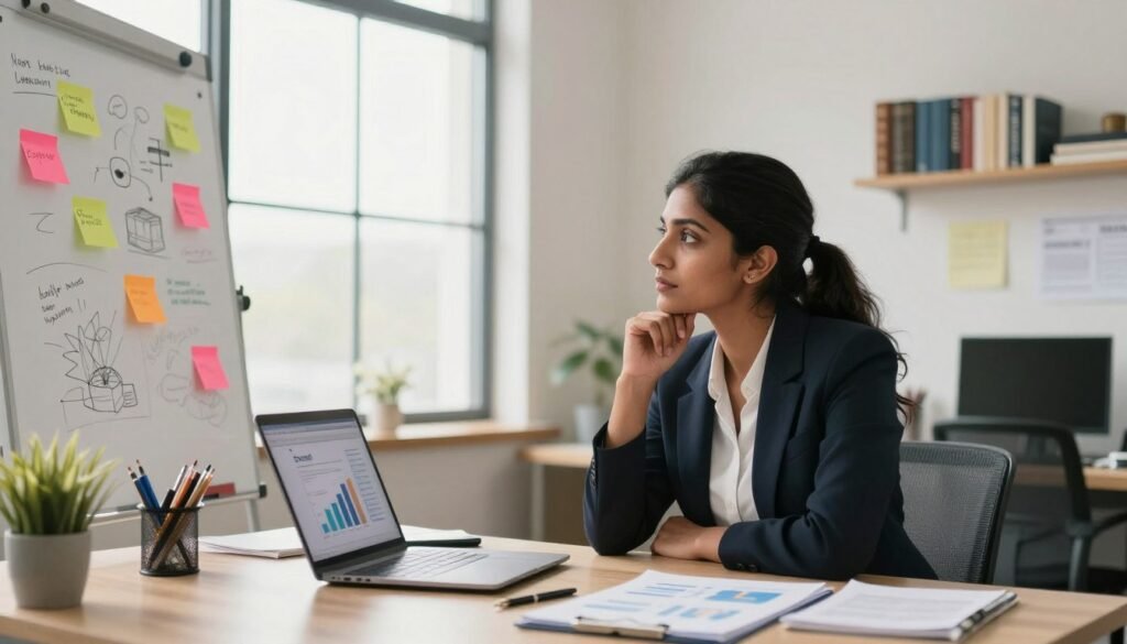 A focused and professional brand messaging strategist sits at a modern desk, surrounded by creative materials and a laptop displaying graphs and brand narratives. In the foreground, the strategist, a South Asian woman in smart business attire, gazes thoughtfully at a whiteboard filled with colorful sticky notes and sketches. In the middle ground, a bright, airy office space features shelves filled with marketing literature and inspirational quotes about storytelling. In the background, large windows let in soft, natural light, casting a warm, inviting atmosphere. The image conveys a sense of dedication and expertise in crafting compelling narratives, with a subtle energy of collaboration and innovation. The angle is a dynamic perspective, capturing the strategist's engagement and focus on the creative process.