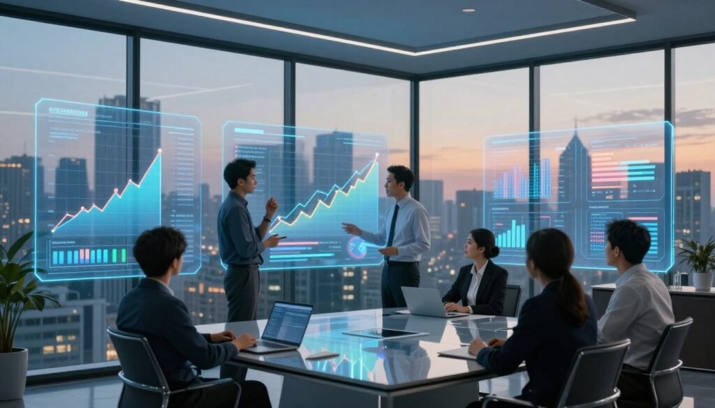 A futuristic office environment with a sleek, glass conference room in the foreground, showcasing a diverse group of four professionals discussing data analytics on large, holographic screens. In the middle, vibrant digital graphs and charts exhibit lead intelligence trends, highlighting growth and forecasting potential through 2026. The background features a panoramic city skyline at dusk, with soft ambient lighting creating a warm yet innovative atmosphere. The mood is focused and collaborative, emphasizing the advanced technology and strategic planning involved in leveraging lead intelligence. Use a wide-angle lens to capture the dynamic interactions and intricate details of the digital displays, enhancing the sense of cutting-edge advancement in the field.