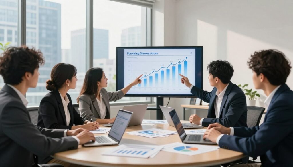 A high-energy office environment illustrating a group of diverse professionals collaborating on a funding strategy. In the foreground, a thoughtfully arranged round table with documents, laptops, and financial charts strewn about. The middle ground features three businesspeople—two women and a man—all in professional attire, actively discussing while pointing at a detailed growth timeline displayed on a digital screen. The background shows a modern skyline through large windows, casting natural light across the room, creating an atmosphere of focus and innovation. Soft shadows enhance the depth, and the angle captures both the teamwork in the foreground and the inspiring view behind them, symbolizing ambition and opportunity.