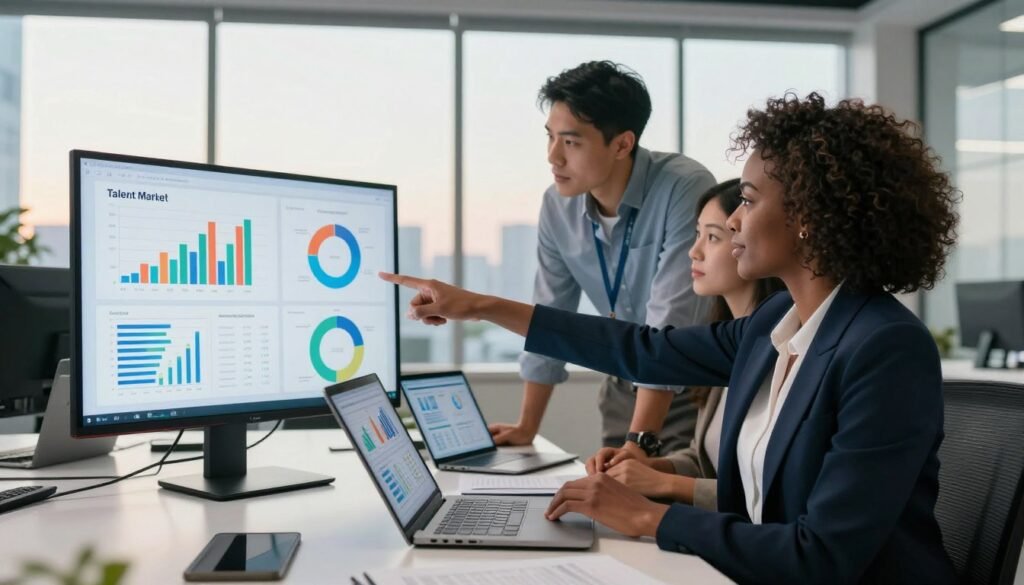 A modern office environment featuring a diverse team of three professionals analyzing data on digital screens showcasing vibrant graphs and charts. In the foreground, a Black woman in smart business attire is pointing at a screen filled with talent market insights, while a Hispanic man and an Asian woman look on, engaged in thoughtful discussion. The middle layer includes a sleek conference table cluttered with digital devices, such as laptops and tablets displaying metrics related to sourcing and diversity. In the background, large windows let in soft afternoon light, creating a bright and optimistic atmosphere. The overall mood is one of collaboration and innovation, emphasizing insights into external talent markets for better sourcing strategies.