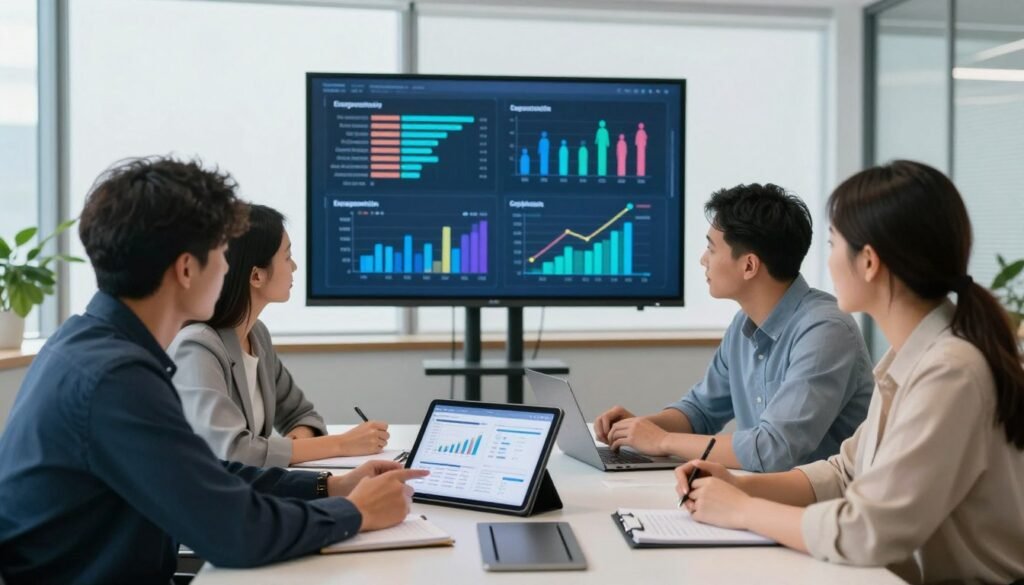 A modern office environment showcasing a diverse team of professionals engaged in performance feedback discussions. In the foreground, a group of four individuals—two men and two women—are seated around a sleek conference table, reviewing a digital tablet displaying performance metrics and insightful graphs. The middle layer features a large screen in the background, showcasing AI-generated visualizations of engagement levels and team health metrics. Natural light filters through large windows, creating a bright and inviting atmosphere. The mood is collaborative and constructive, with expressions of focus and encouragement. Use a wide-angle lens to capture the scene, emphasizing the teamwork and technological integration within the workplace.