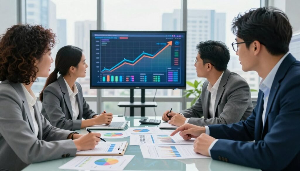 A modern office scene featuring a diverse group of professionals engaging in a brainstorming session. In the foreground, there's a glass table filled with colorful financial charts and graphs depicting increasing revenue per customer. Professionals in business attire, including a woman with curly hair and a man with glasses, are intently discussing strategies, pointing at the charts with enthusiasm. The middle background showcases a large digital screen displaying upward-trending data visualizations. Soft, natural light filters in from large windows that showcase a city skyline, creating a bright and optimistic atmosphere. The overall mood is collaborative and focused, with a sense of urgency and determination to enhance business profits through customer engagement strategies.