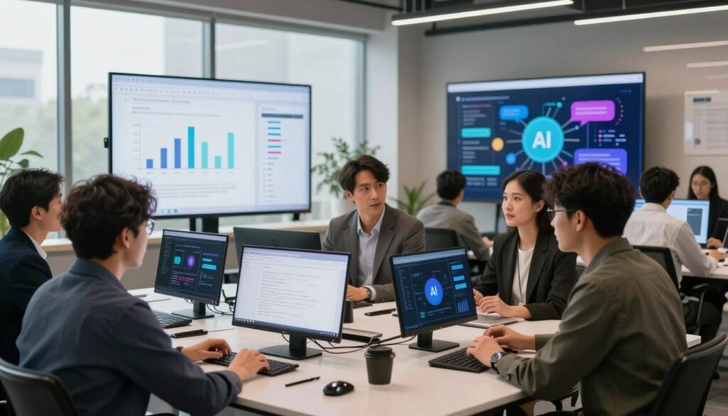 A modern workspace scene focusing on a professional business environment. In the foreground, a diverse group of individuals, dressed in smart casual attire, are engaged in a dynamic discussion, surrounded by digital tools that represent AI writing, editing, and tone technologies. The middle ground features large screens displaying graphs, text analysis, and vibrant visual representations of communication effectiveness. In the background, soft natural light filters through large windows, creating an inspiring atmosphere. A comfortable and sleek design enhances creativity and engagement while emphasizing collaboration. The mood should be energetic yet focused, capturing the essence of leadership communication amplified by AI tools. The composition should have a balanced perspective, shot from a mid-angle to encompass the entire scene effectively.