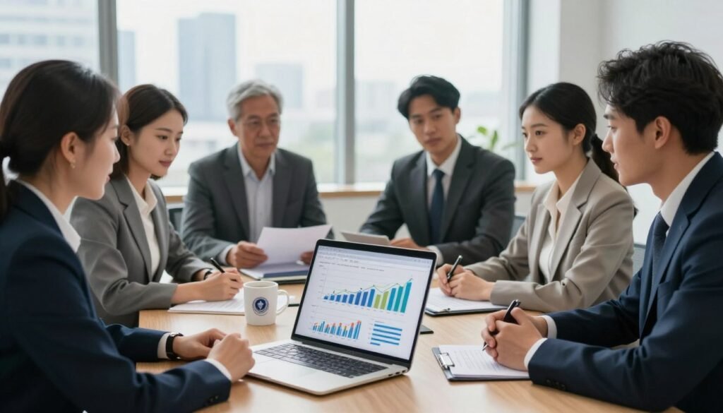 A professional business setting featuring a diverse team of four individuals in elegant business attire, engaged in a strategic discussion around a modern conference table. In the foreground, a laptop displays vibrant graphs and charts, representing key company metrics. The middle ground includes documents and a coffee mug with a company logo, emphasizing a strong corporate identity. The background reveals large windows with natural light flooding the room, showcasing a skyline view that symbolizes growth and ambition. Use soft, diffused lighting to create a warm yet focused atmosphere, and capture the image from a slightly elevated angle to provide a comprehensive view of the collaborative environment. The overall mood should convey professionalism, determination, and teamwork, highlighting the essence of a well-defined company profile.