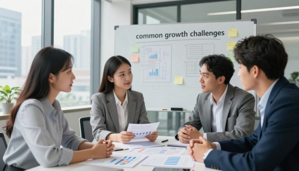 A professional office setting illustrating "common growth challenges" in organizational dynamics. In the foreground, a diverse group of three business professionals, two women and one man, engaged in a focused discussion around a table cluttered with charts and reports reflecting obstacles like miscommunication, time management, and resource allocation. The middle ground features a whiteboard with strategic plans and sticky notes scattered around, indicating brainstorming efforts. The background shows a glass wall with a view of a bustling city skyline, symbolizing growth and potential. Soft, natural lighting streams in through the windows, creating a bright and hopeful atmosphere. Capture the image from an inviting angle to emphasize collaboration and innovation while maintaining a professional tone.