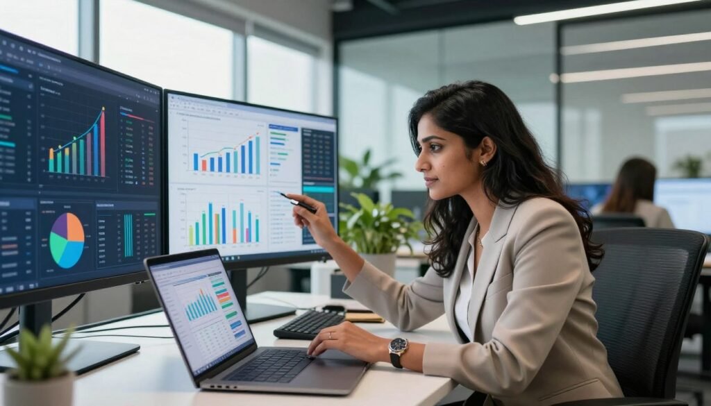 A professional talent intelligence analyst working at a modern office desk, surrounded by data visualizations on two large screens. The analyst is a mid-30s, South Asian woman wearing professional business attire, intently analyzing graphs and reports. In the foreground, a laptop with open spreadsheets and colorful charts highlights workforce insights. In the middle, the office has a sleek, contemporary design, with glass walls and greenery in the background for a fresh atmosphere. The lighting is bright and natural, streaming in through large windows, creating a vibrant and optimistic mood. The angle is slightly tilted to capture both the analyst’s focused expression and the busy workspace, showcasing a dynamic environment where critical workforce analysis takes place.