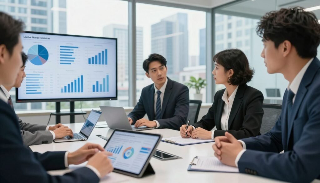 A professional workspace illustrating labor market insights, with a group of diverse business professionals in smart attire gathered around a sleek conference table, analyzing charts and data on a large digital screen. In the foreground, a close-up of hands interacting with a tablet displaying workforce analytics. The middle ground captures the professionals engaged in discussion, showcasing a mix of focused expressions and collaborative energy. In the background, a large window reveals a modern city skyline, bathed in bright, natural daylight filtering through. The overall atmosphere conveys a sense of innovation and strategic thinking, emphasizing talent intelligence and data-driven decision-making in a dynamic business environment.