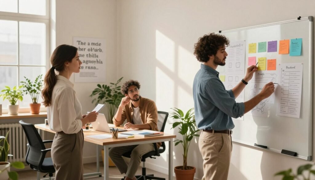 A serene office space, filled with warmth and creativity, showcasing a diverse group of three professionals collaborating on a brand story framework. In the foreground, a female marketer in professional attire sketches ideas on a whiteboard, while a male designer, wearing smart casual clothing, reviews a colorful brand mood board. In the middle ground, a diverse team member engaged in passionate discussion, surrounded by plants and inspirational quotes on the walls. The background features a window with soft sunlight streaming in, casting gentle shadows and creating an inviting atmosphere. The overall mood is one of innovation and teamwork, suggesting a thriving startup environment with an emphasis on storytelling and branding.