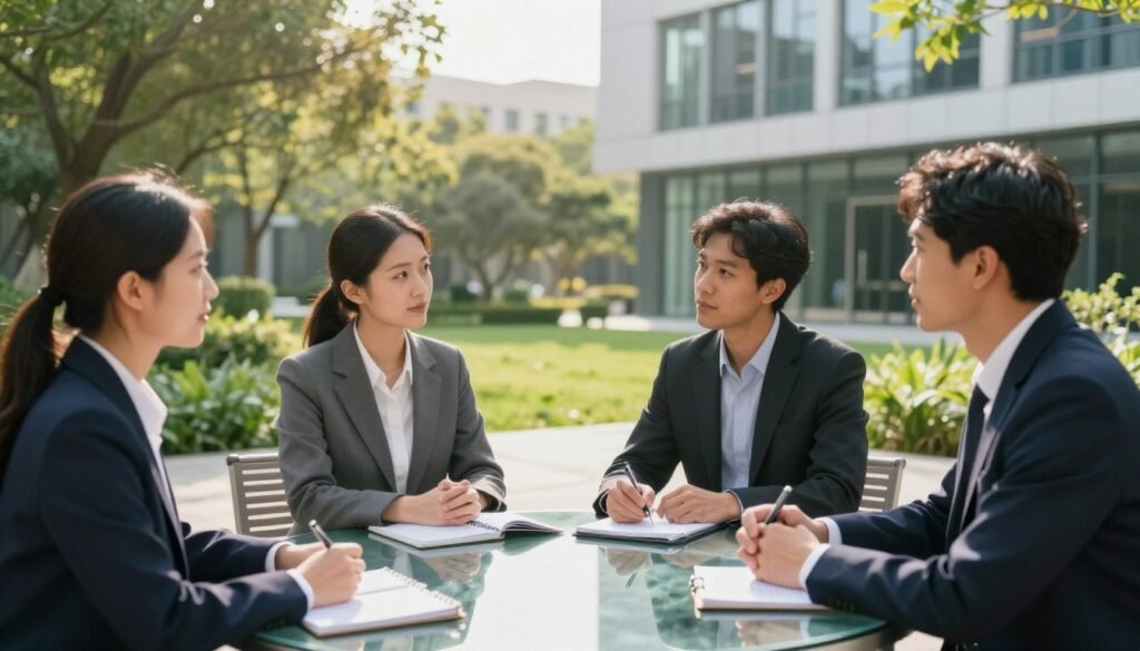 A serene outdoor scene set in a professional context, featuring a diverse group of three business leaders in tailored suits, engaged in a thoughtful discussion. In the foreground, they stand by a modern glass table adorned with a few notebooks and pens, symbolizing the essence of collaboration and core values. The middle layer reveals a lush green garden, symbolizing growth and sustainability, with soft sunlight filtering through the trees, casting gentle shadows. The background features a contemporary office building, representing professionalism and ambition. The mood is inspiring and reflective, encouraging a sense of connection and leadership. Use soft, warm lighting to create an inviting atmosphere, captured from a slightly elevated angle for a comprehensive view of the interaction.