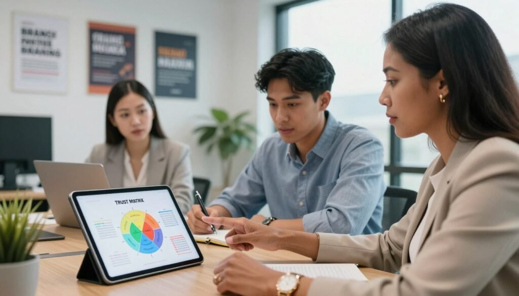 A sophisticated workspace showcasing personal branding tips for entrepreneurs, featuring a diverse group of three professionals engaged in discussion. In the foreground, one entrepreneur, a middle-aged Black woman, is pointing at a colorful diagram of the Trust Matrix on a digital tablet. Beside her, a young Hispanic man takes notes, while an Asian woman analyzes the data, all dressed in smart business attire. The background reveals a modern office setting with motivational posters about branding, a large window letting in soft natural light, and a potted plant. The atmosphere is collaborative and focused, conveying professionalism and creativity. The angle captures the dynamic interaction among the team, emphasizing a sense of urgency and intent in brand development.