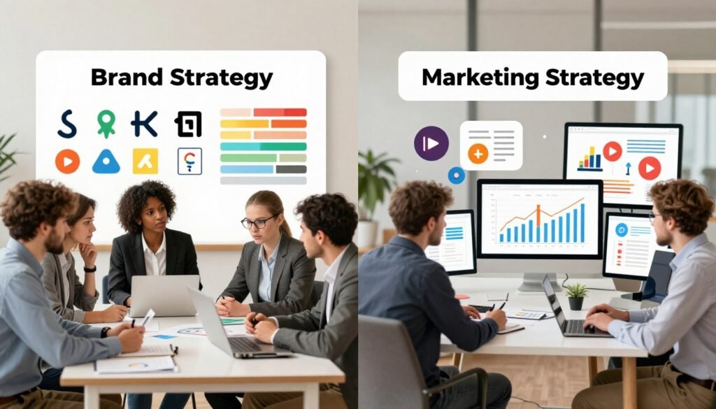 A split-screen illustration contrasting Brand Strategy and Marketing Strategy. On the left, visually represent Brand Strategy: a diverse group of professional individuals in business attire brainstorming around a table, with brand logos, visual identity elements, and color palettes displayed on a wall. On the right, depict Marketing Strategy: a dynamic scene of digital marketing activities, showcasing graphs, social media icons, and advertisements on screens. The background should subtly blend corporate environments to enhance the theme. Use soft, diffuse lighting to create a collaborative atmosphere with a warm color palette. Focus on depth of field by using a moderate lens angle to keep the subjects sharp while slightly blurring the background, conveying a professional yet inviting mood. A split-screen illustration contrasting Brand Strategy and Marketing Strategy. On the left, visually represent Brand Strategy: a diverse group of professional individuals in business attire brainstorming around a table, with brand logos, visual identity elements, and color palettes displayed on a wall. On the right, depict Marketing Strategy: a dynamic scene of digital marketing activities, showcasing graphs, social media icons, and advertisements on screens. The background should subtly blend corporate environments to enhance the theme. Use soft, diffuse lighting to create a collaborative atmosphere with a warm color palette. Focus on depth of field by using a moderate lens angle to keep the subjects sharp while slightly blurring the background, conveying a professional yet inviting mood.