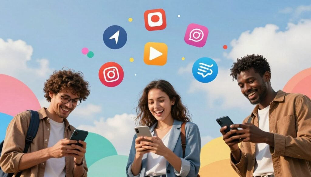 A vibrant and dynamic digital landscape representing social media engagement. In the foreground, a diverse group of three professionals in smart casual attire are interacting with their smartphones, showcasing expressions of engagement and excitement. In the middle ground, various iconic social media platform logos float above, symbolizing connectivity and online interaction. The background features a bright blue sky with stylized clouds, conveying a sense of openness and possibility, while colorful abstract shapes and designs suggest digital pathways and communication flow. The lighting is warm and inviting, creating a lively atmosphere that encourages collaboration and creativity. The angle is slightly elevated, capturing the professionals in action, emphasizing their connection to the digital world around them. A vibrant and dynamic digital landscape representing social media engagement. In the foreground, a diverse group of three professionals in smart casual attire are interacting with their smartphones, showcasing expressions of engagement and excitement. In the middle ground, various iconic social media platform logos float above, symbolizing connectivity and online interaction. The background features a bright blue sky with stylized clouds, conveying a sense of openness and possibility, while colorful abstract shapes and designs suggest digital pathways and communication flow. The lighting is warm and inviting, creating a lively atmosphere that encourages collaboration and creativity. The angle is slightly elevated, capturing the professionals in action, emphasizing their connection to the digital world around them.