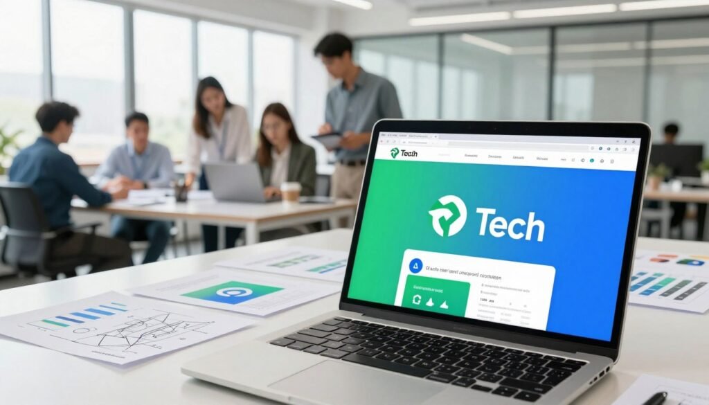 A vibrant graphic representation of brand identity for tech startups, highlighting elements like a modern logo, color palette, typography, and imagery representing digital innovation. In the foreground, showcase a sleek laptop with a design interface open, featuring the evolving logo and color scheme. The middle layer should depict professional individuals in business attire collaborating in a creative workspace, surrounded by digital sketches and branding materials. The background features a bright, open office space with large windows allowing natural light to flood in, creating an inspiring and collaborative atmosphere. Use a slightly elevated angle to convey depth, and emphasize a clean, modern aesthetic with a color scheme that reflects technology, such as blue, green, and white. The overall mood should be dynamic and forward-thinking.