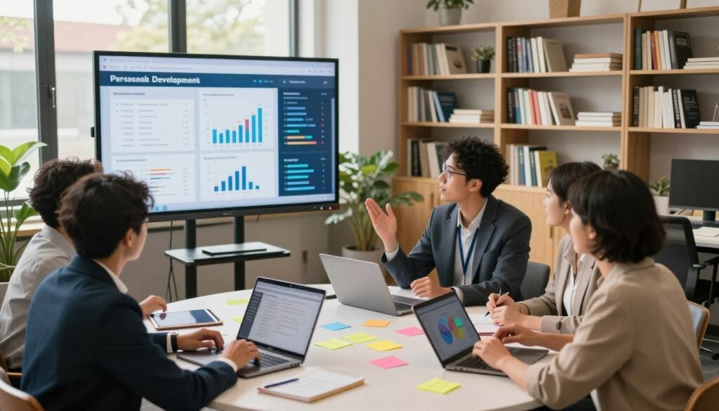 A vibrant office environment depicting personalized learning in action. In the foreground, a diverse group of three employees, dressed in professional business attire, engage in a dynamic brainstorming session around a round table, surrounded by laptops, tablets, and colorful sticky notes. The middle layer shows a large interactive digital screen displaying personalized development plans and performance metrics, with graphs and engaging visuals. In the background, shelves filled with books and resources signify knowledge and growth, illuminated by warm, natural light streaming through large windows. The atmosphere is collaborative and motivating, with a sense of shared enthusiasm for personal and professional development. The lens captures a slightly elevated angle, emphasizing the connection between individuals and their personalized learning journey. A vibrant office environment depicting personalized learning in action. In the foreground, a diverse group of three employees, dressed in professional business attire, engage in a dynamic brainstorming session around a round table, surrounded by laptops, tablets, and colorful sticky notes. The middle layer shows a large interactive digital screen displaying personalized development plans and performance metrics, with graphs and engaging visuals. In the background, shelves filled with books and resources signify knowledge and growth, illuminated by warm, natural light streaming through large windows. The atmosphere is collaborative and motivating, with a sense of shared enthusiasm for personal and professional development. The lens captures a slightly elevated angle, emphasizing the connection between individuals and their personalized learning journey.