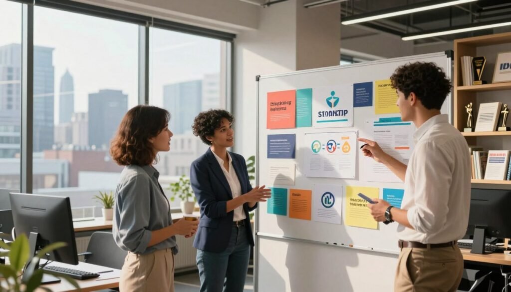 A vibrant office setting showcasing a modern startup branding agency. In the foreground, a diverse team of three professionals discusses a colorful visual board filled with innovative logo designs and branding concepts, all dressed in smart casual attire. In the middle ground, a large glass wall features a panoramic view of the city skyline, hinting at a dynamic urban environment. The atmosphere is collaborative and energetic, with natural light streaming in, creating a warm, inviting glow. The background includes shelves with branding books and awards, emphasizing creativity and success. The image is captured from a slightly elevated angle, focusing on the interaction amongst team members, highlighting the essence of branding development in a modern workspace.