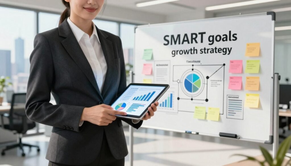 A visually striking representation of a "SMART goals growth strategy". In the foreground, a professional businessperson in smart attire stands confidently, holding a transparent tablet displaying graphs and charts, symbolizing strategic planning. In the middle ground, a modern office environment features a large whiteboard filled with colorful sticky notes and diagrams illustrating SMART goals (Specific, Measurable, Achievable, Relevant, Time-bound). The background showcases a panoramic view of a vibrant city skyline, suggesting ambition and growth. Soft, natural lighting streams in from large windows, creating an optimistic and inspiring atmosphere. The composition is shot from a slightly elevated angle, emphasizing the businessperson's engagement with their strategic plans. A visually striking representation of a "SMART goals growth strategy". In the foreground, a professional businessperson in smart attire stands confidently, holding a transparent tablet displaying graphs and charts, symbolizing strategic planning. In the middle ground, a modern office environment features a large whiteboard filled with colorful sticky notes and diagrams illustrating SMART goals (Specific, Measurable, Achievable, Relevant, Time-bound). The background showcases a panoramic view of a vibrant city skyline, suggesting ambition and growth. Soft, natural lighting streams in from large windows, creating an optimistic and inspiring atmosphere. The composition is shot from a slightly elevated angle, emphasizing the businessperson's engagement with their strategic plans.