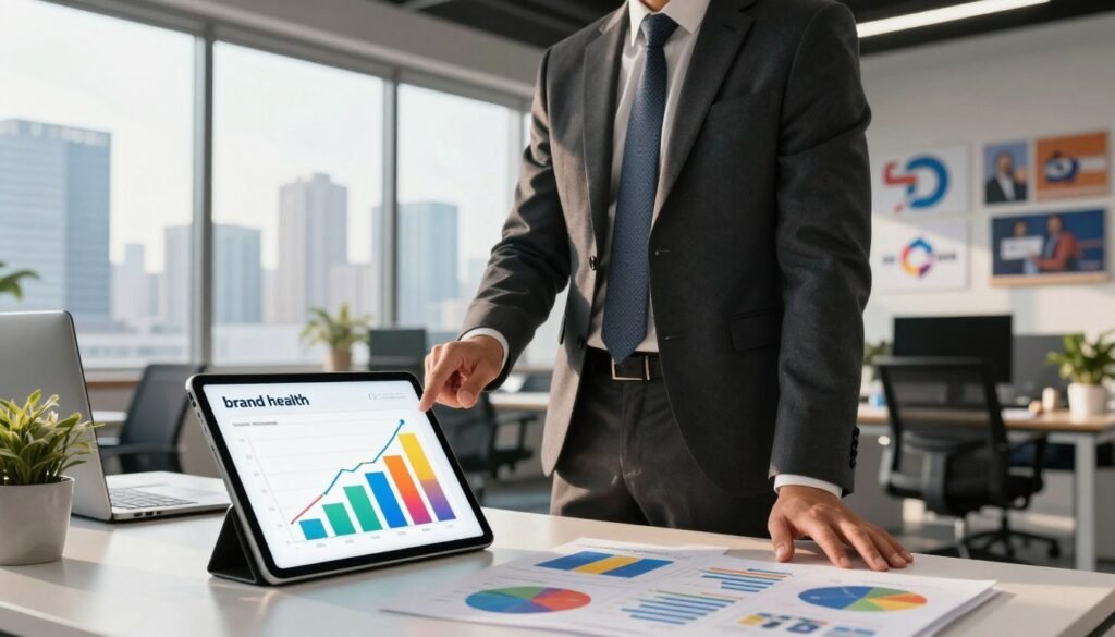 A visually striking representation of "brand health," featuring a corporate professional standing confidently at a modern office desk, analyzing colorful graphs and charts on a sleek digital tablet. The foreground showcases the tablet displaying metrics such as brand awareness, customer loyalty, and market share, with vibrant colors to indicate positive growth. In the middle ground, the office is adorned with inspirational branding elements like logos and visuals of successful campaigns, creating an engaging environment. The background reveals a large window with a city skyline, flooded with natural light, enhancing the sense of optimism and potential. The atmosphere is dynamic and forward-thinking, with warm lighting highlighting the professional in smart business attire, symbolizing empowerment and strategic thinking.