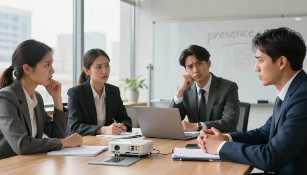 Create an image that embodies the concept of "presence," illustrating the subtle errors that can undermine executive presence and personal brand. In the foreground, depict a diverse group of four professionals in business attire, engaged in a serious discussion, each displaying expressions of confusion or uncertainty. In the middle ground, showcase an office environment with a polished conference table, slightly cluttered with disorganized notes, a neglected projector, and an unkempt whiteboard, hinting at a lack of preparation. In the background, include a soft-focus view of a large window revealing a city skyline, with warm, natural light streaming in to create an inviting yet reflective mood. Use a shallow depth of field to emphasize the professionals, capturing their body language and posture, highlighting the importance of composure and confidence in the workplace.