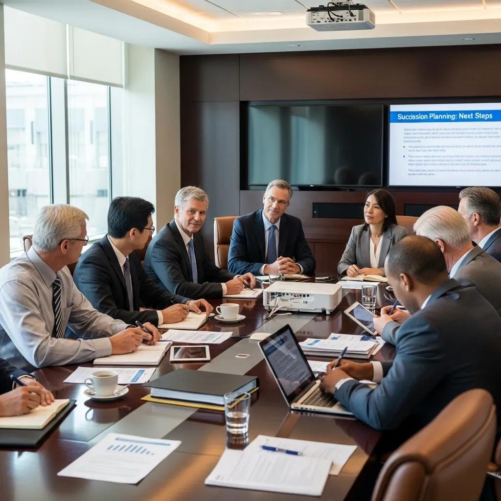Board members discussing governance and succession strategies in a conference room