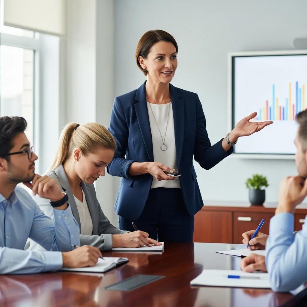 Business leader presenting to a team in a conference room, highlighting effective leadership strategies for entrepreneurial success
