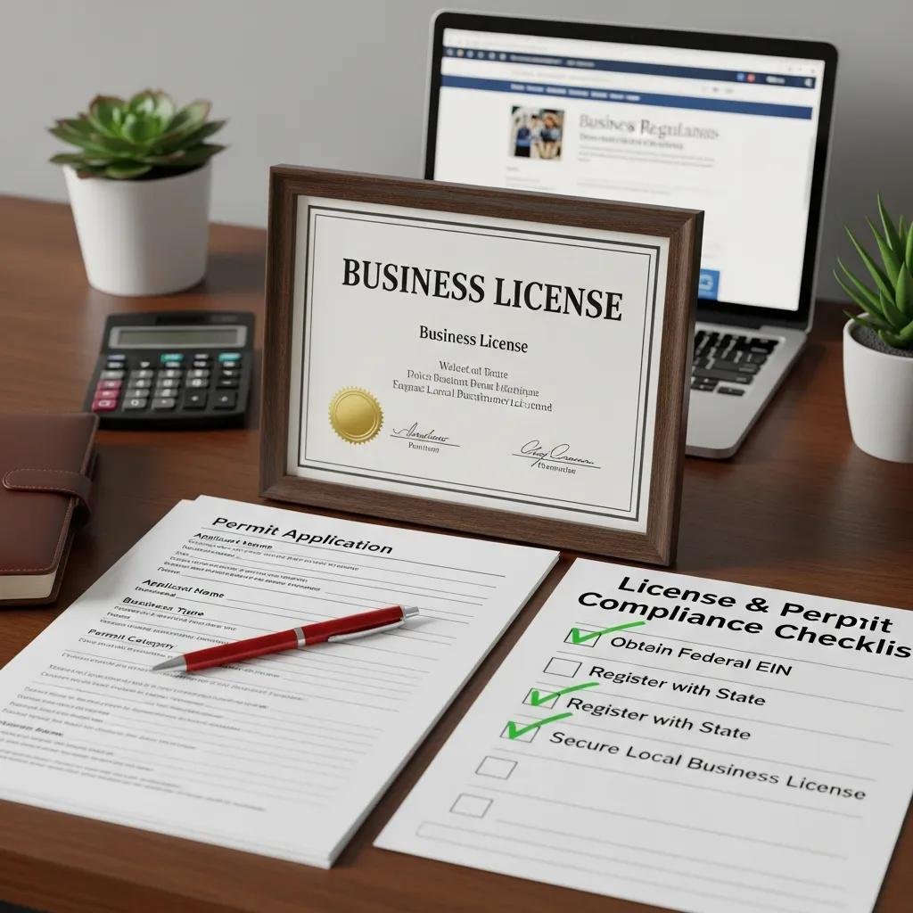 Business licenses and permits displayed on a professional workspace desk