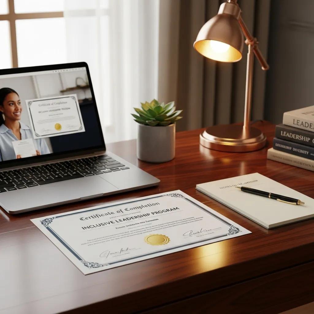 Certificate of completion for an inclusive leadership program on a professional desk