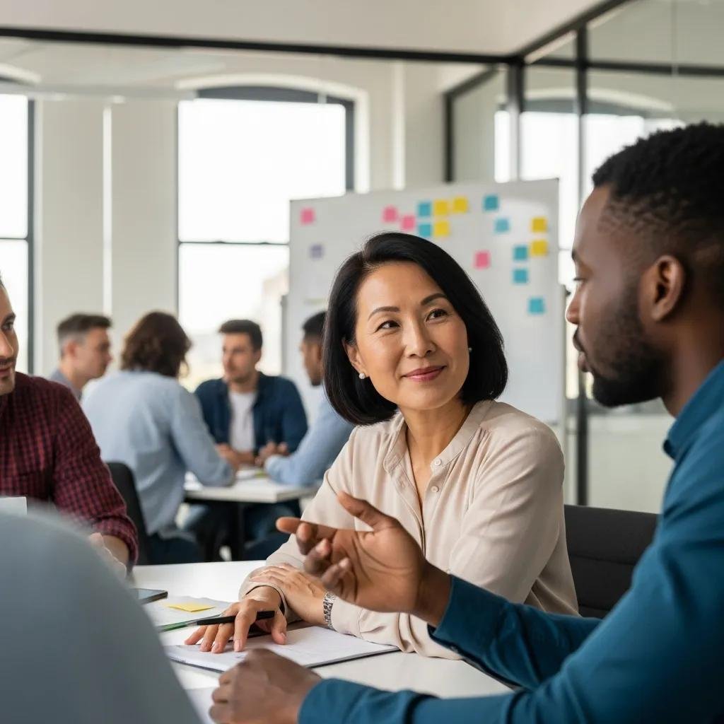 Leader showing empathy in a team meeting, fostering inclusive decision-making