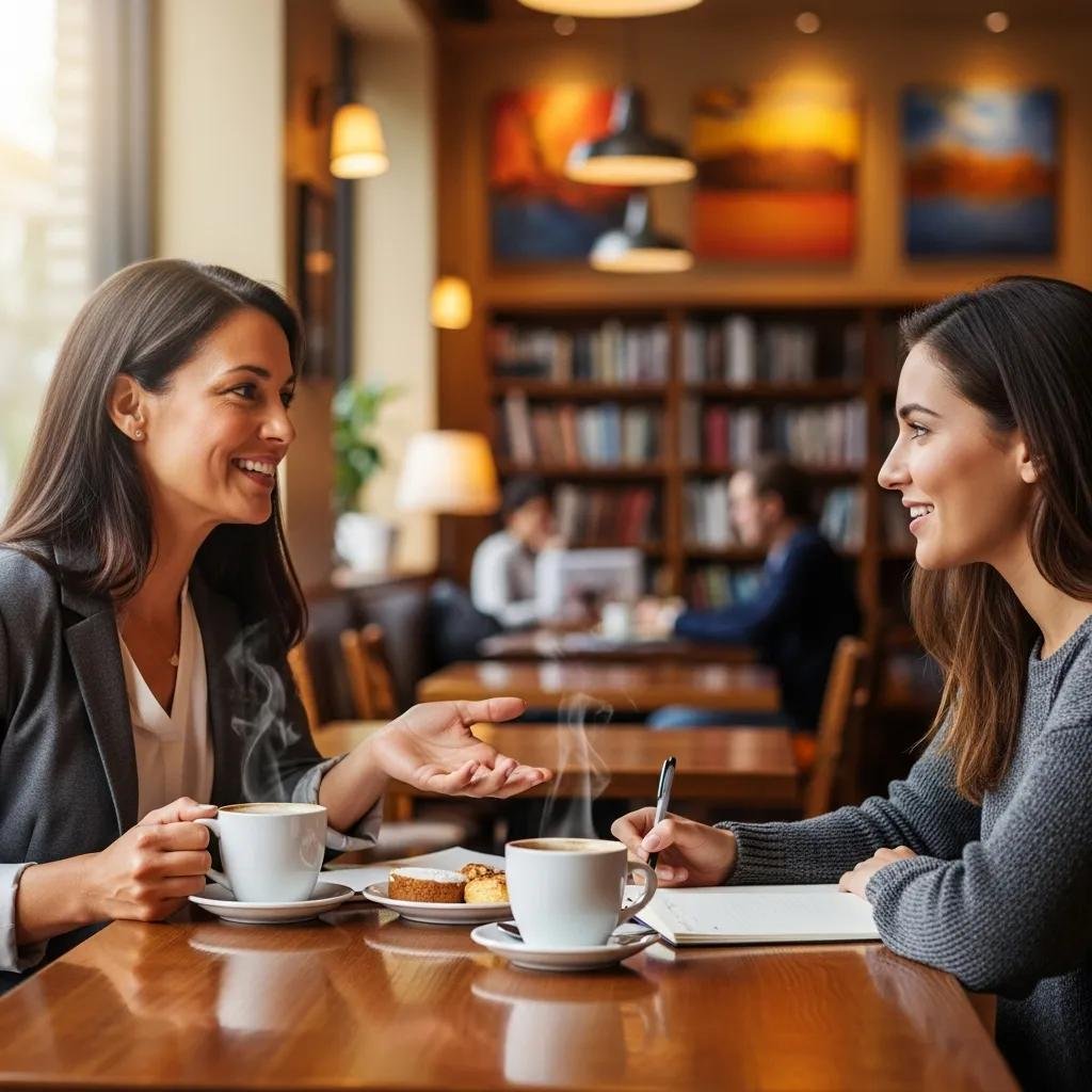 Mentor and mentee discussing leadership development in a coffee shop