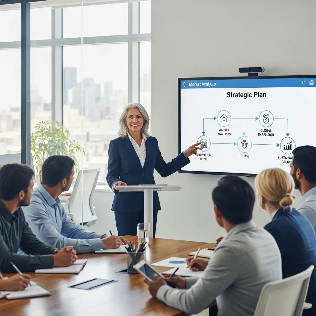 Senior leader presenting a strategic plan to a team, highlighting core leadership skills