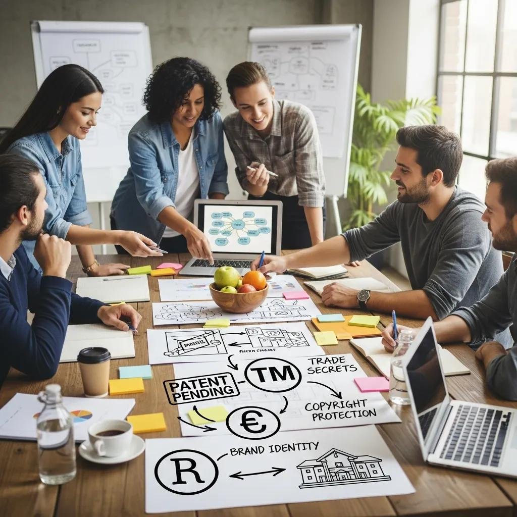 Startup team brainstorming on intellectual property protection strategies
