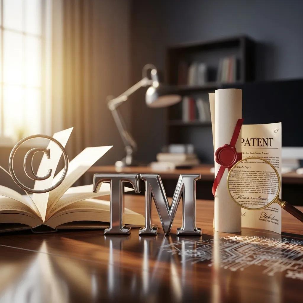 Symbols representing various types of intellectual property relevant to startups